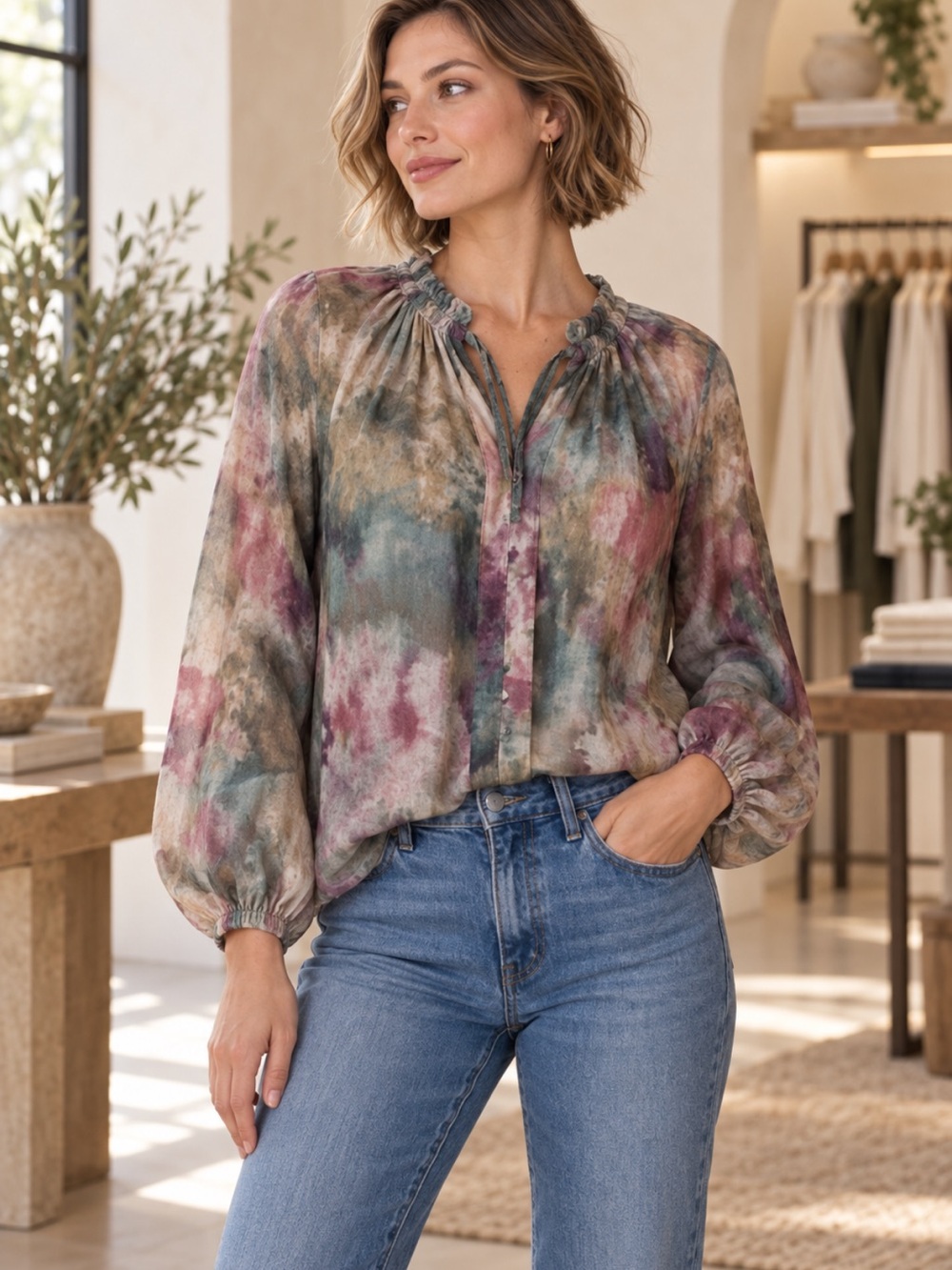 Haver London XS Watercolor Metallic Stripe Ruffle Chiffon Blouse